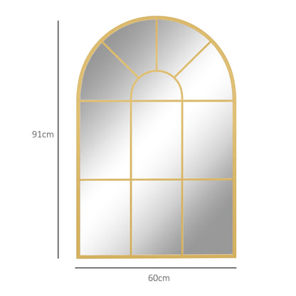 The gold tone arched grid mirror with dimensions shown