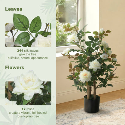 The artificial plant with close-up insets of the silk leaves and white rose flowers