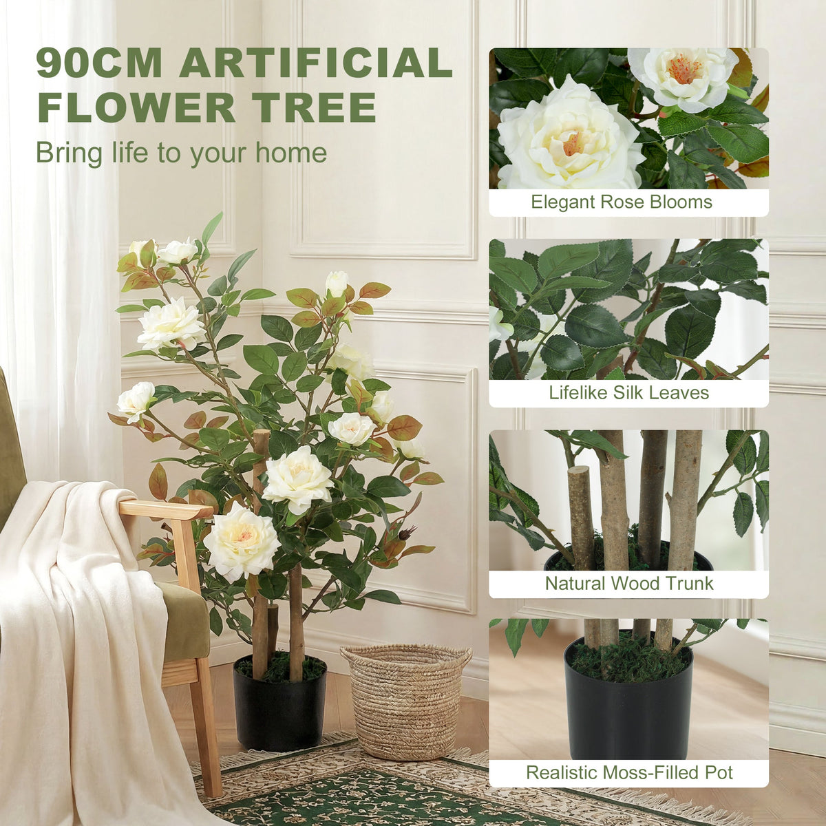 The artificial plant with four small panels showing flowers, leaves, trunk and pot