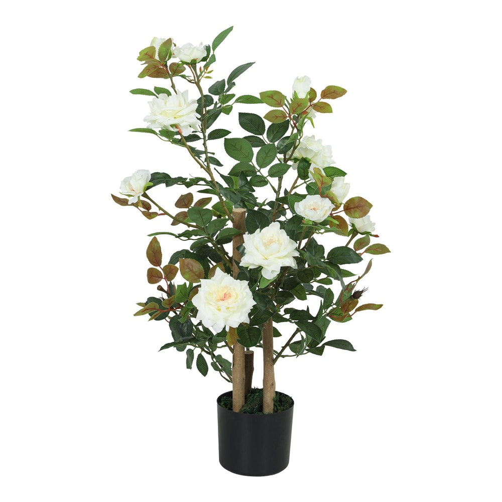 HOMCOM 90cm Artificial Rose Tree with white flowers and green leaves in a black pot