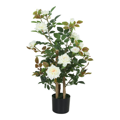 HOMCOM 90cm Artificial Rose Tree with white flowers and green leaves in a black pot