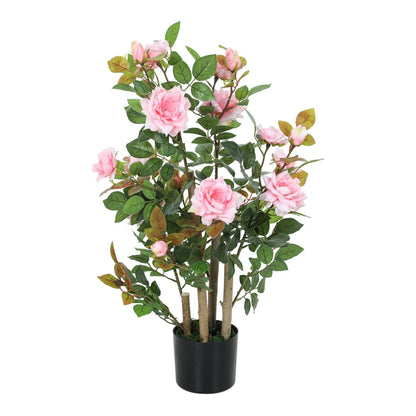HOMCOM 90cm Artificial Rose Tree with pink silk flowers and green leaves in a black pot