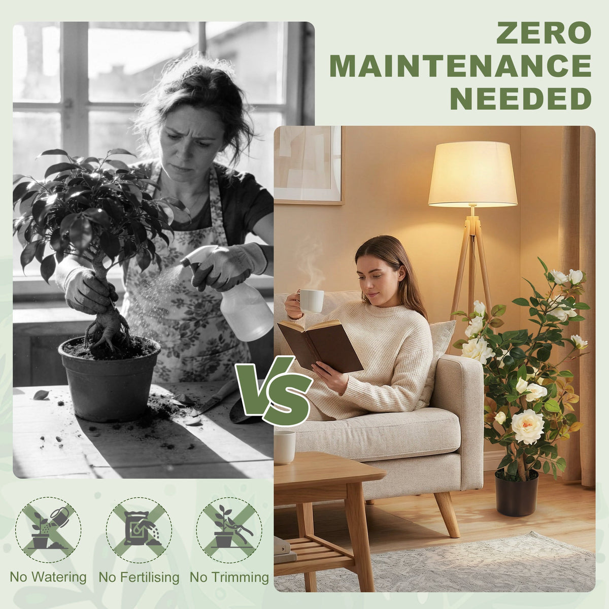 The artificial plant in a living room compared to a real plant requiring maintenance