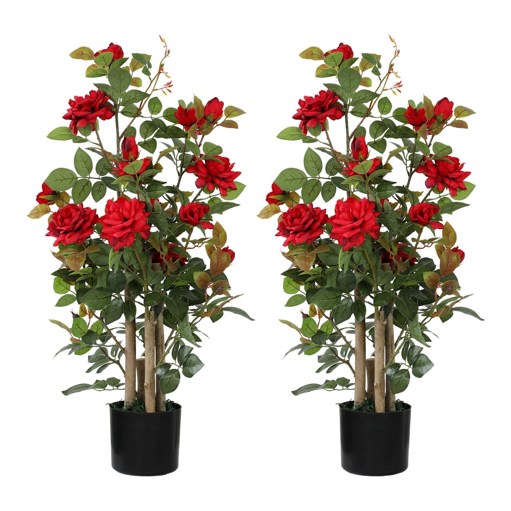 HOMCOM 90cm Artificial Rose Tree Set of 2, two red silk rose trees in black pots