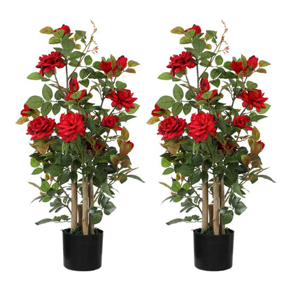 HOMCOM 90cm Artificial Rose Tree Set of 2, two red silk rose trees in black pots