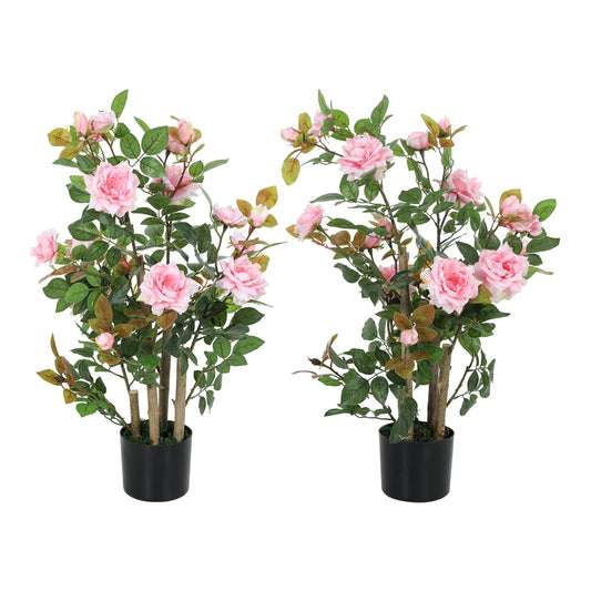HOMCOM 90cm Artificial Rose Tree Set of 2, two pink rose trees in black pots
