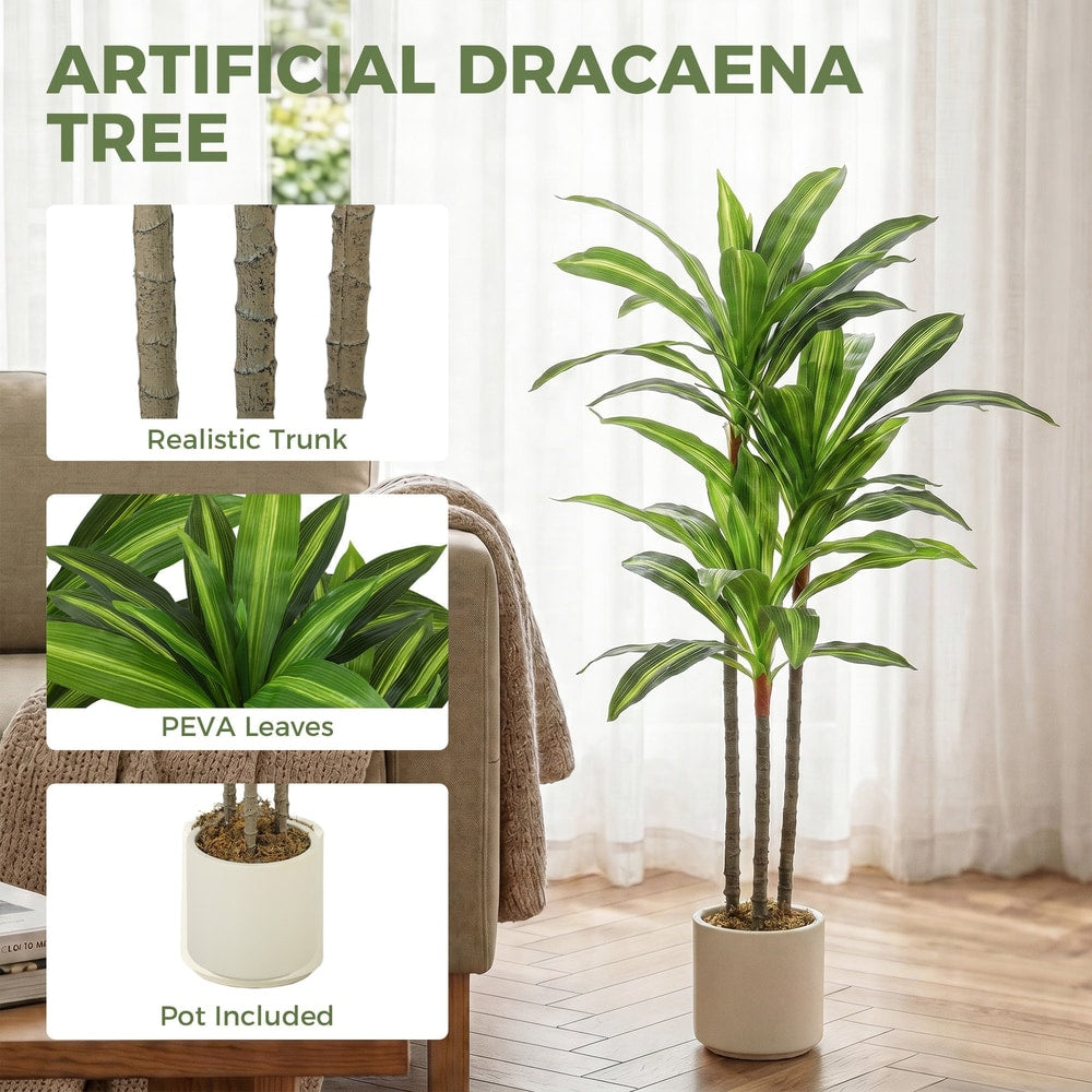 Close up of the artificial dracaena tree's realistic trunk and PEVA leaves