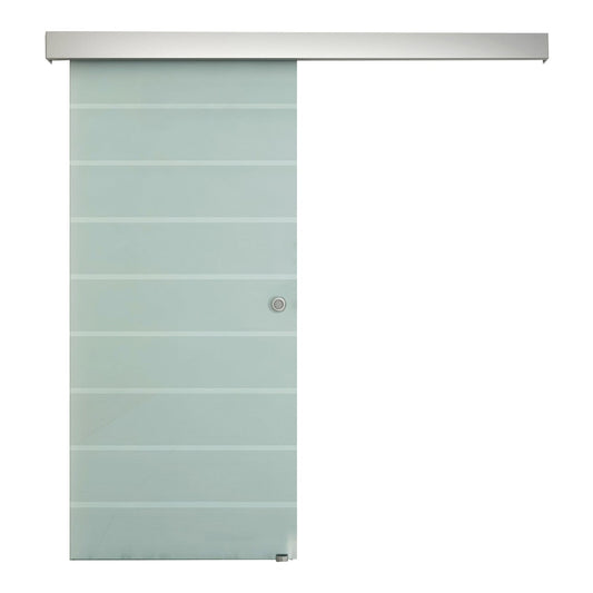 HOMCOM 90cm Sliding Glass Door with Hardware Track Kit, frosted glass with horizontal stripes and a round handle