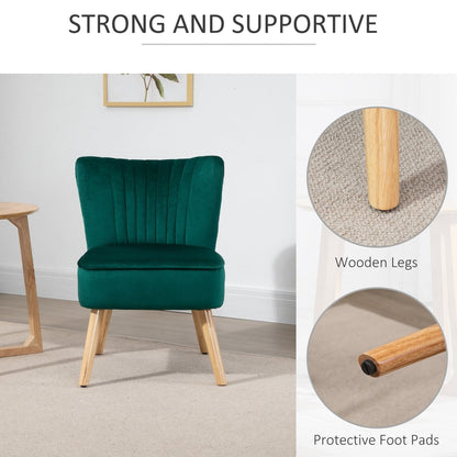 Close up of the wooden legs and foot pads of the green fabric armchair