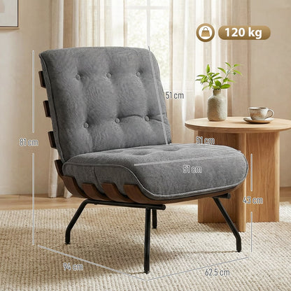 Dimensions of the dark grey fabric armchair with measurements shown for height, width and depth