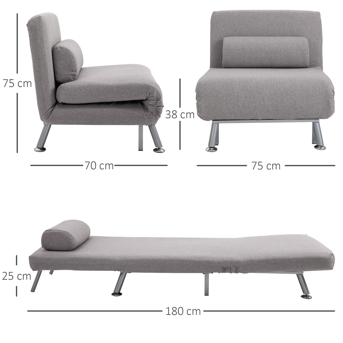 Diagram showing the dimensions of the grey futon sofa chair in its various configurations