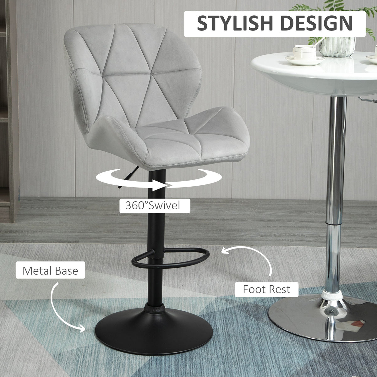 The swivel counter chair highlighting the metal base, footrest and rotating seat function