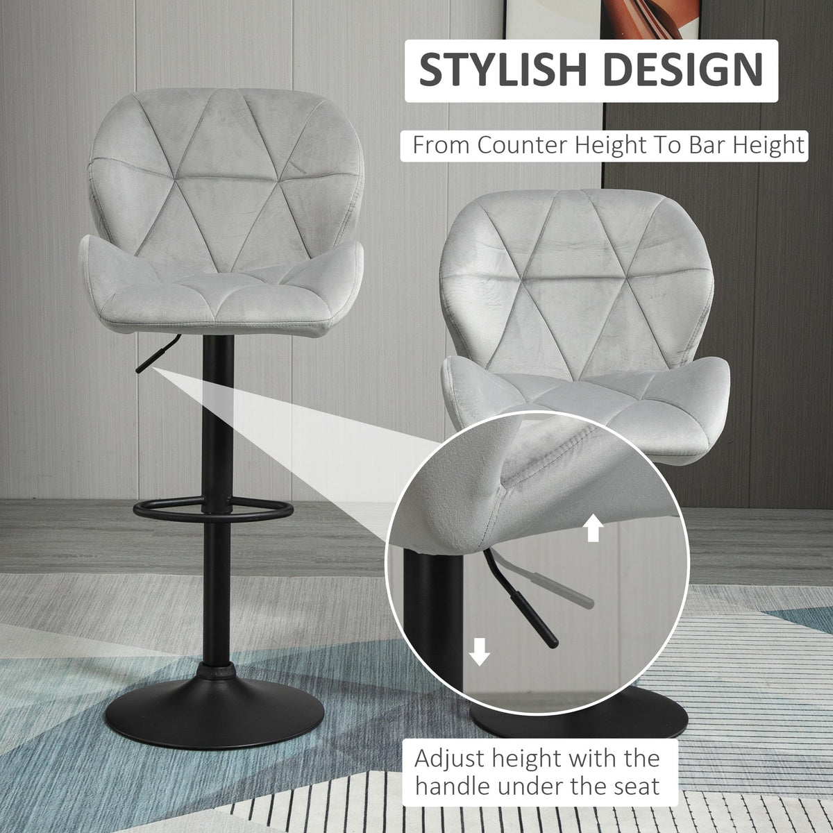 The upholstered bar stool with a close up showing the lever used to adjust the seat height