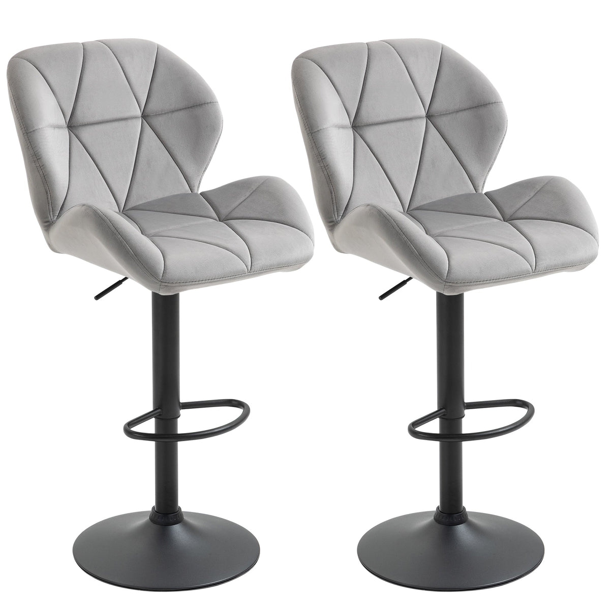 HOMCOM Adjustable Bar Stools Set of 2 with light grey upholstered seats and black metal bases
