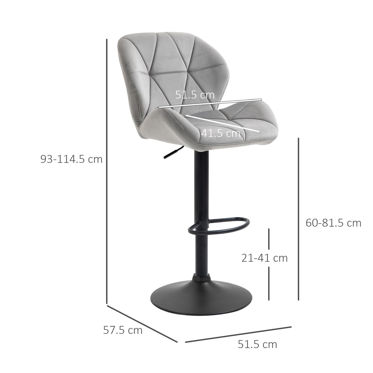 The swivel counter chairs shown with white lines indicating the dimensions of the furniture