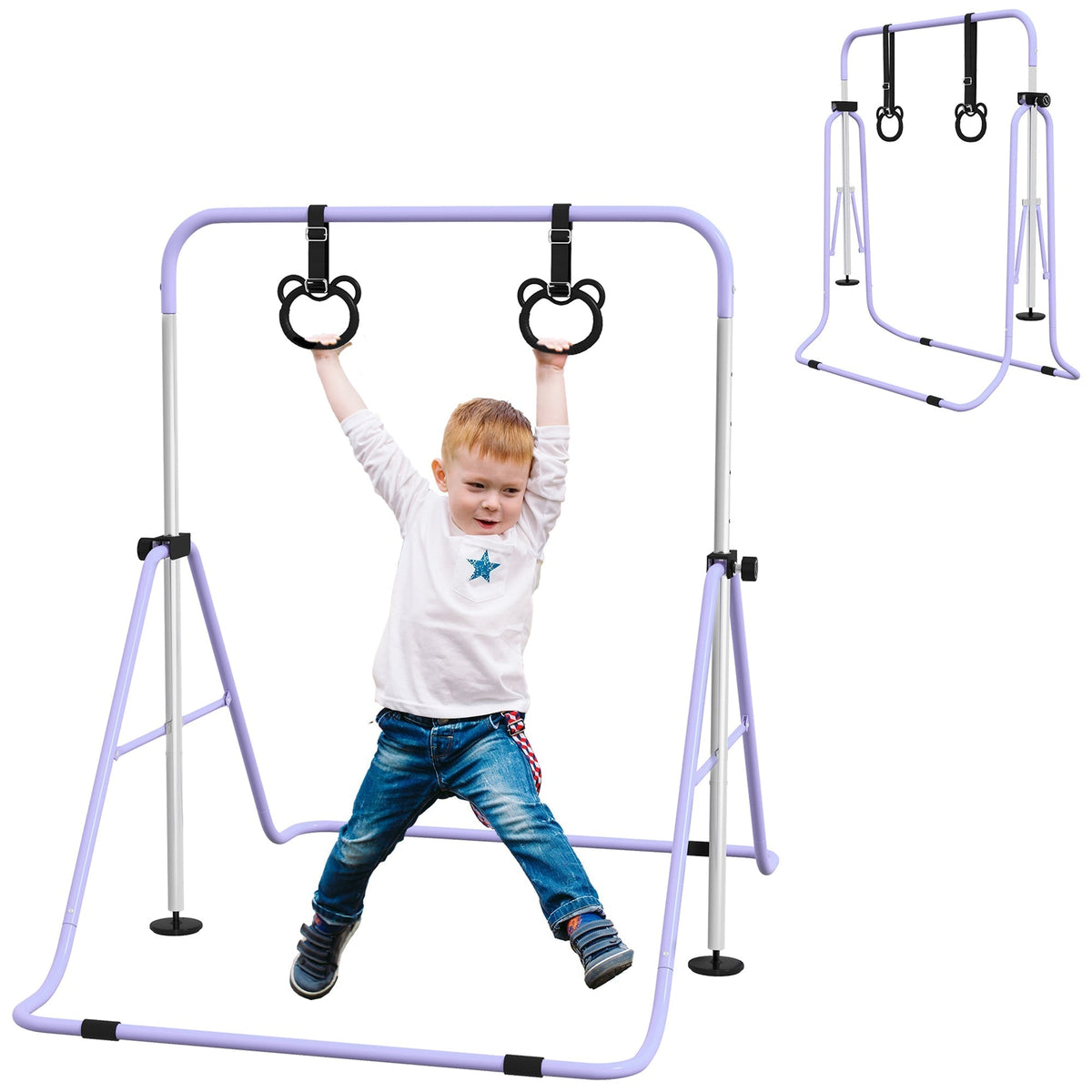 HOMCOM Adjustable Height kids gymnastics bar with a boy hanging from the rings