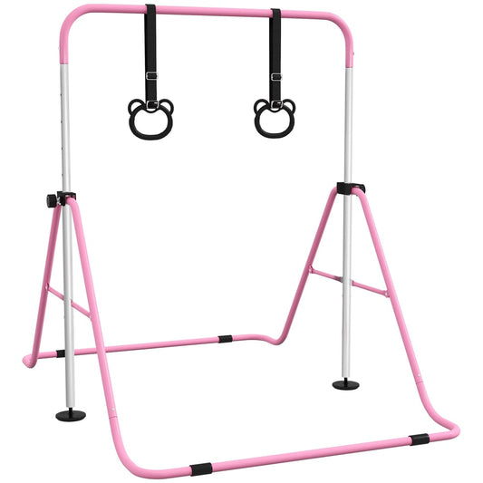 HOMCOM Adjustable Height kids gymnastics bar in pink with two hanging rings