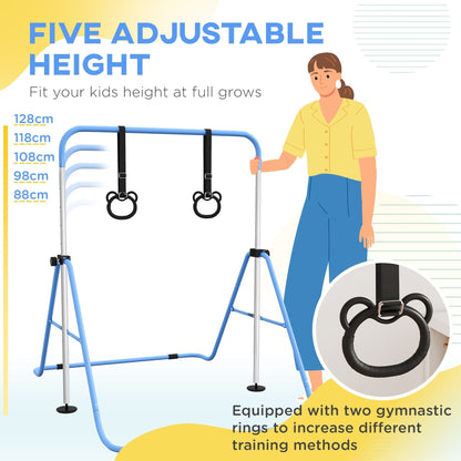 A graphic showing the adjustable height of the kids gymnastics bar and its rings