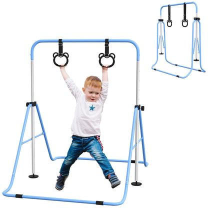 HOMCOM Adjustable Height kids gymnastics bar with a young boy hanging from the rings