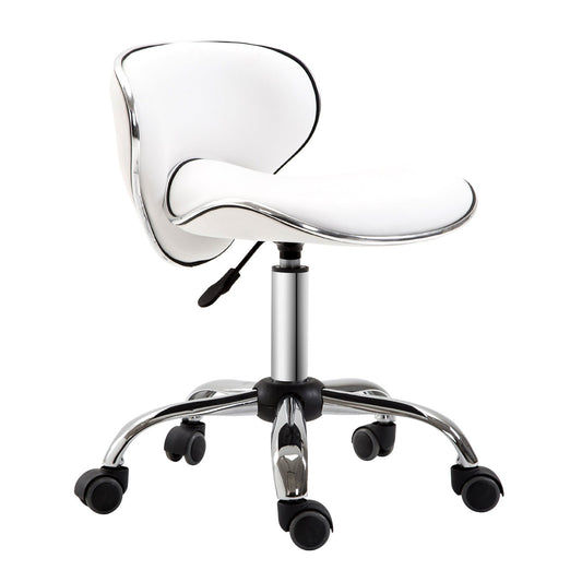 HOMCOM Adjustable Rolling Swivel Beauty Salon Chair in white with a chrome base and five wheels