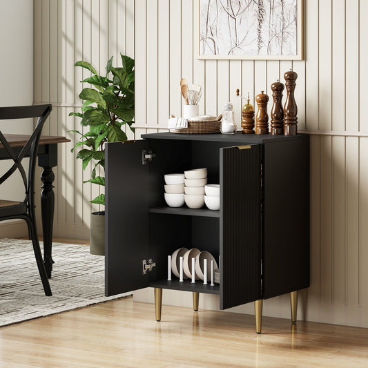 HOMCOM Adjustable Shelf Sideboard, the storage cabinet with its doors open, showing two shelves and crockery inside