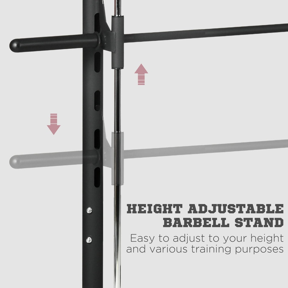 Close up of the height adjustable barbell stand on the squat rack