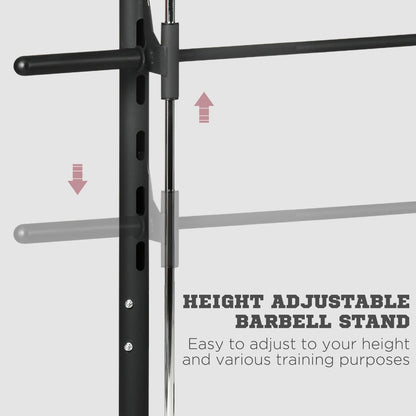 Close up of the height adjustable barbell stand on the squat rack