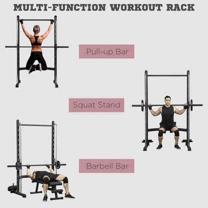 The multi-function workout rack shown with pull-up bar and barbell bar