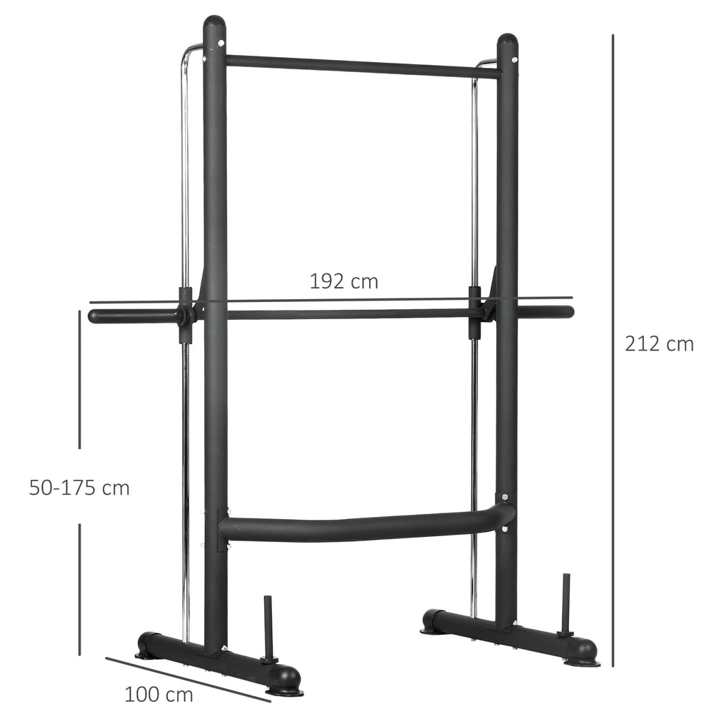 The adjustable squat rack with dimensions shown