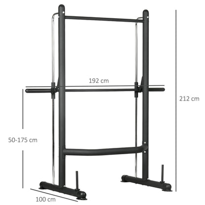 The adjustable squat rack with dimensions shown