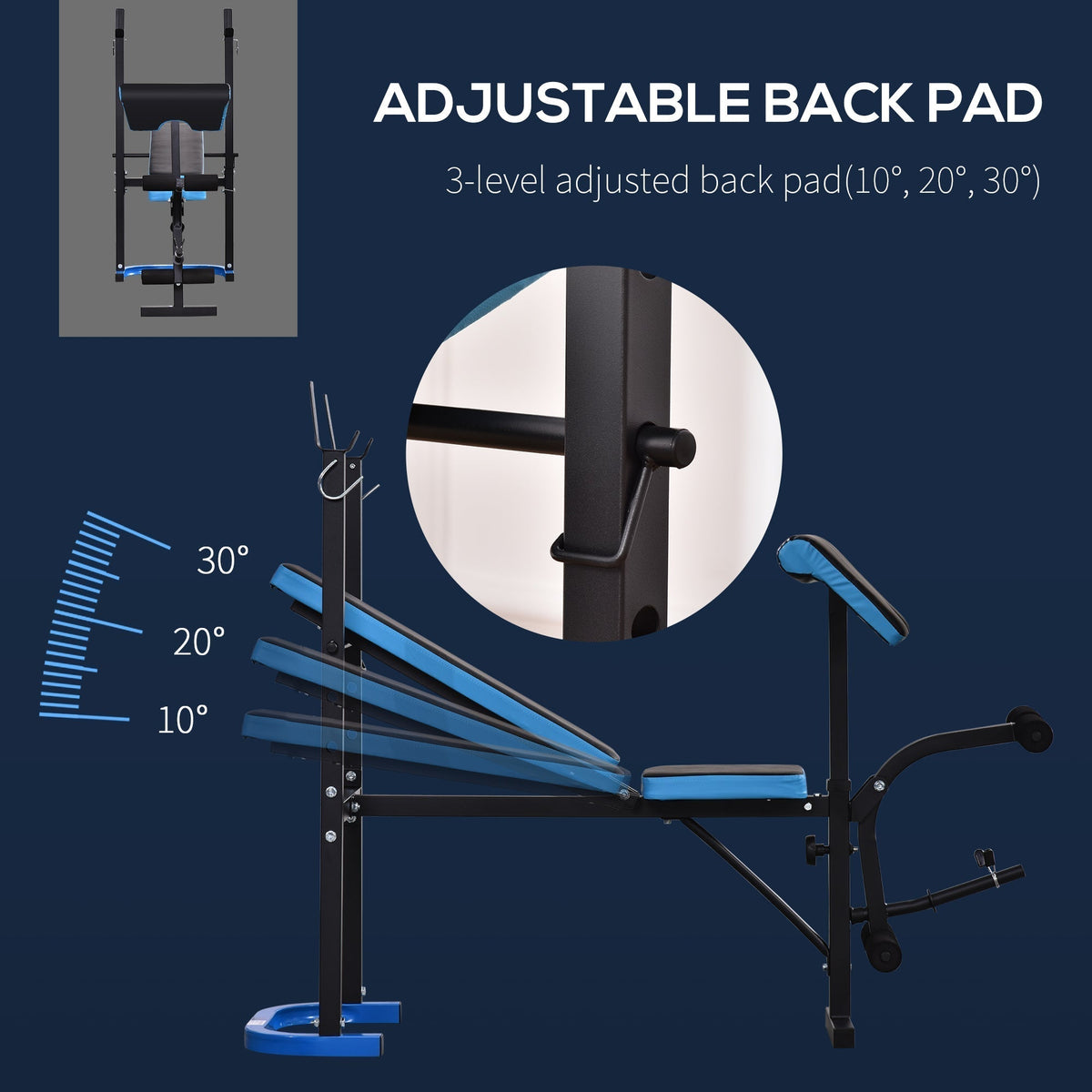 The weight bench highlighting the adjustable backrest angles for different workout positions
