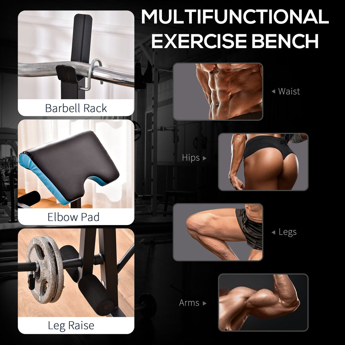 The weight bench showing close-ups of the barbell rack, elbow pad and leg developer in use