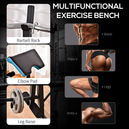 The weight bench showing close-ups of the barbell rack, elbow pad and leg developer in use