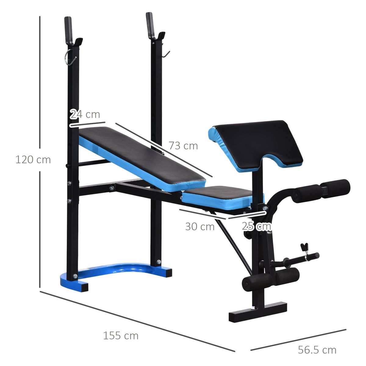 The weight bench showing the overall dimensions with lines indicating height and length