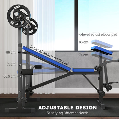 The weight bench showing the adjustable backrest and elbow pad positions