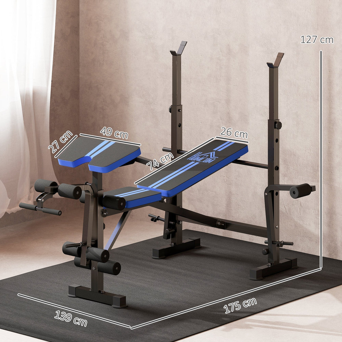 The weight bench showing overall dimensions with white lines and text