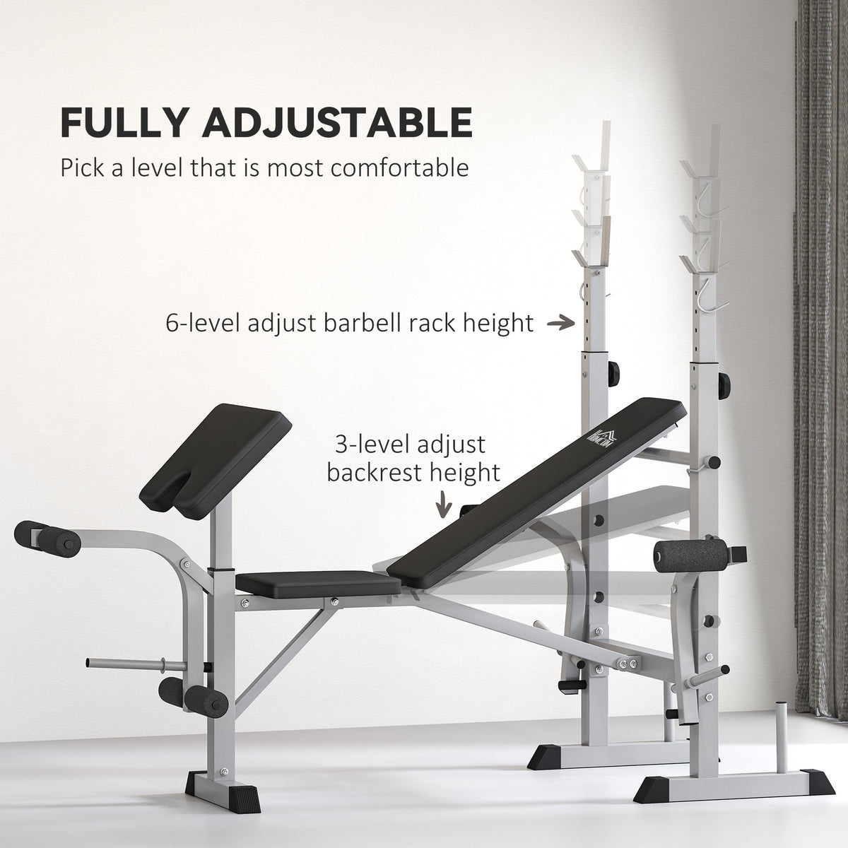 The grey weight bench with squat rack showing adjustable backrest and barbell rack heights