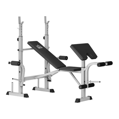 HOMCOM Adjustable Weight Bench with Squat Rack, a grey multiuse workout bench with padded seat and backrest