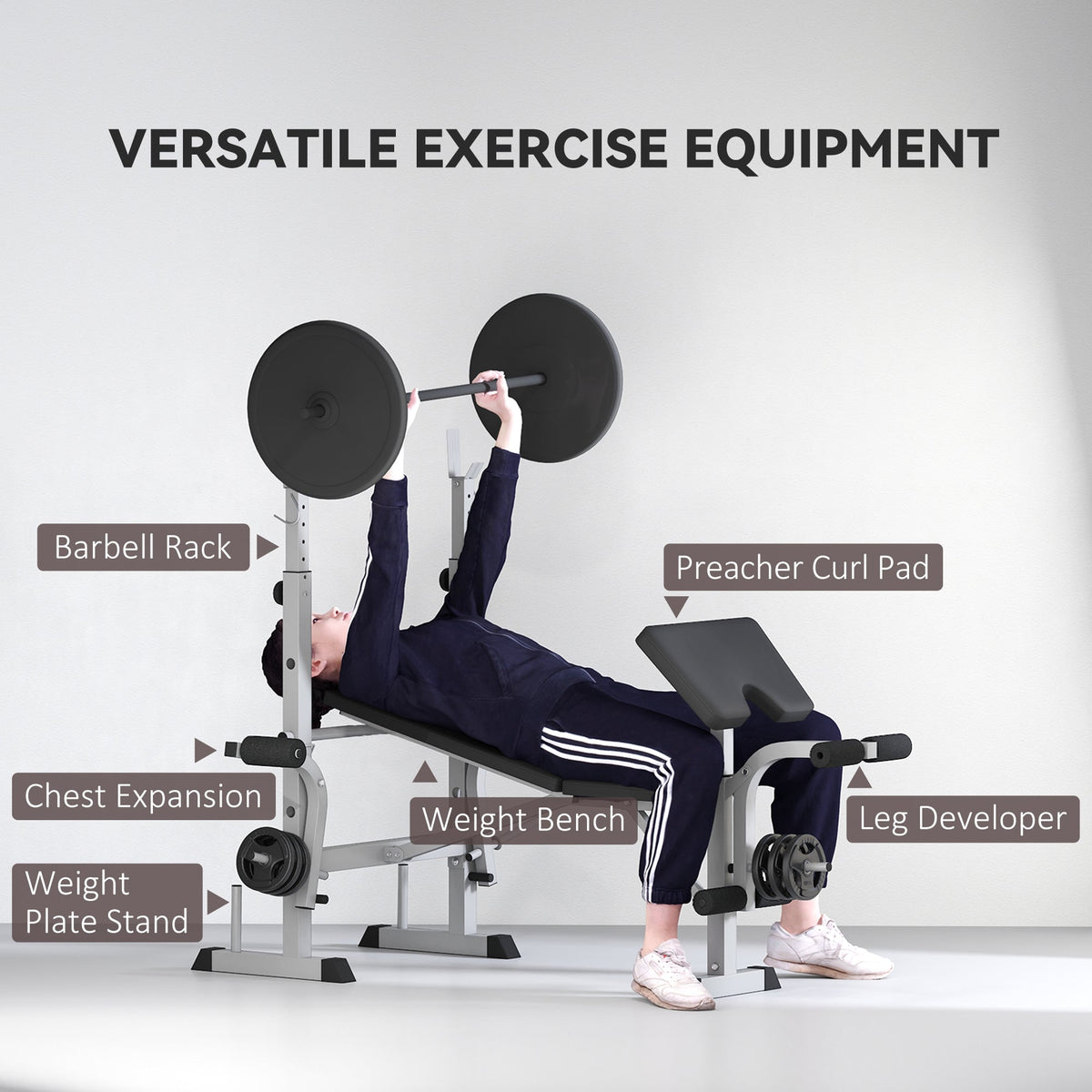 The adjustable weight bench with squat rack being used for bench press and bicep curls