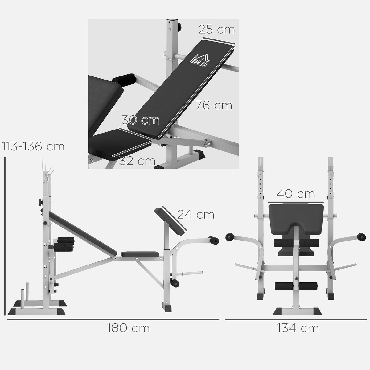 Dimensions of the grey adjustable weight bench with squat rack shown from three angles