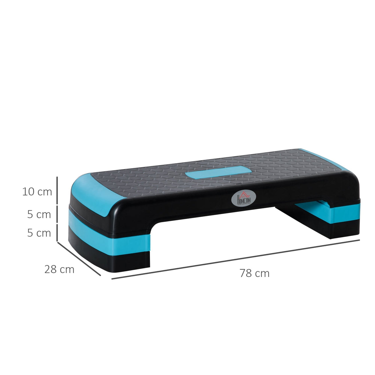 A black and blue aerobic stepper with dimensions shown