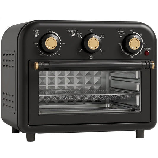 HOMCOM Air Fryer Toaster Oven, a black countertop appliance with gold accents and three control knobs