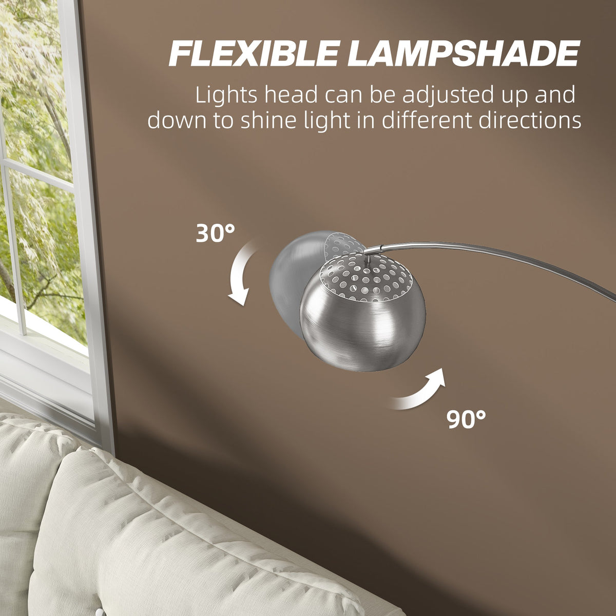 Close up of the adjustable lampshade on the arc floor lamp, showing tilt angles