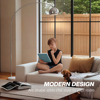 Child and dog relaxing near the arc floor lamp in a modern living room