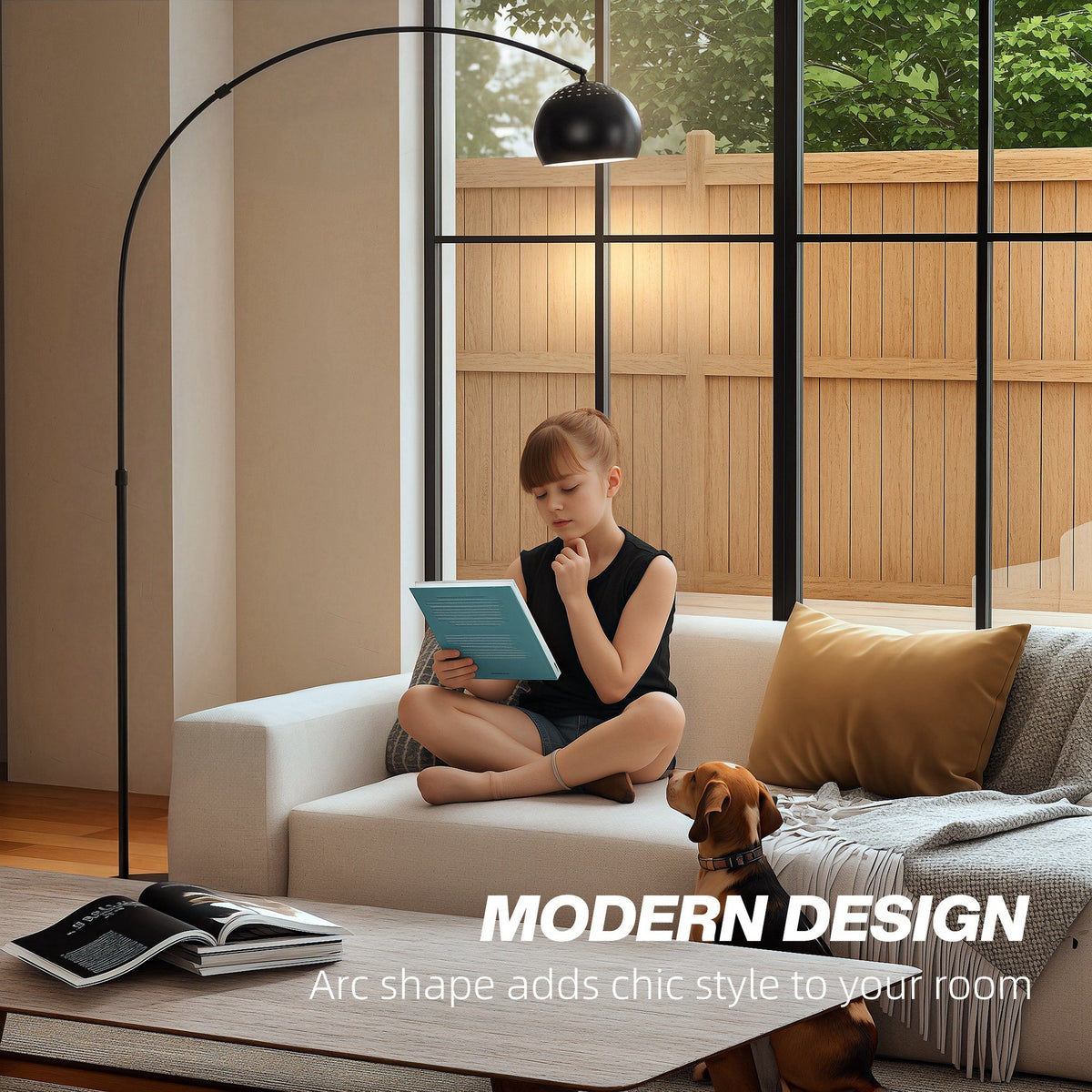 A girl and a dog sit on a sofa near the arc floor lamp in a bright room