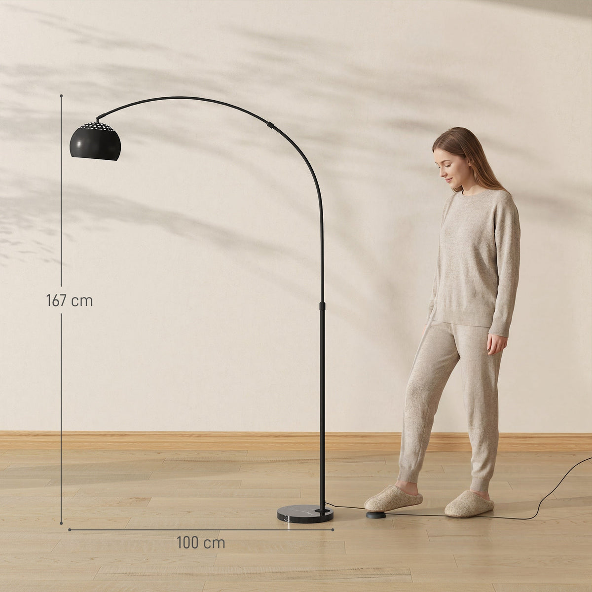 the standing lamp shown with height and width lines next to a person