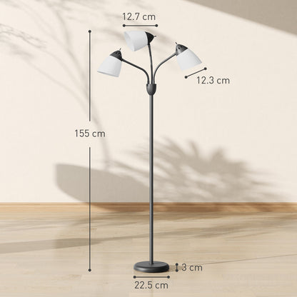 The floor lamp with three adjustable lights shown with dimensions