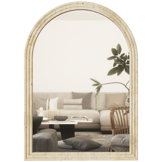 HOMCOM Arched Wall Mirror with Grooved Edge & Hooks showing a living room reflection