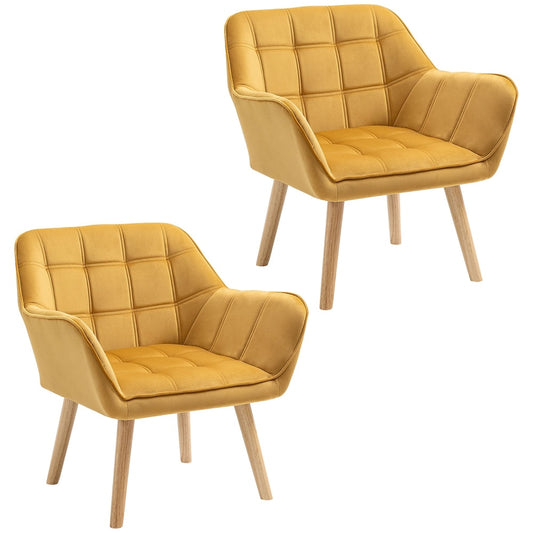 HOMCOM Armchair Accent Chair in yellow velvet with wooden legs, shown as a pair