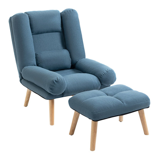 HOMCOM Armchair with Footstool in blue fabric with wooden legs, shown with its matching ottoman